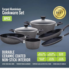 8pcs Forged Aluminum Cookware Set RF12771 Durable Nonstick Ceramic Coating with 4-Layer Construction, Tempered Glass Lid Includes Casseroles, Wokpan, Saucepan, Fry Pan, Pizza Pan