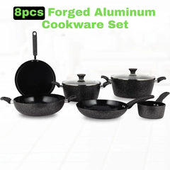 8pcs Forged Aluminum Cookware Set RF12771 Durable Nonstick Ceramic Coating with 4-Layer Construction, Tempered Glass Lid Includes Casseroles, Wokpan, Saucepan, Fry Pan, Pizza Pan