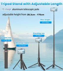 TONEOF 170cm Phone Tripod & Selfie Stick, All-in-One Portable Lightweight Stand with Remote for Selfies, Live Streaming, Video Recording, Travel - Black