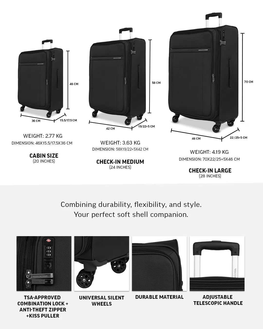 TOMCRUISER ATLAS SOFT LUGGAGE TROLLEY SET (3PCs) 20,24,28 inch KHAKEE, BLACK