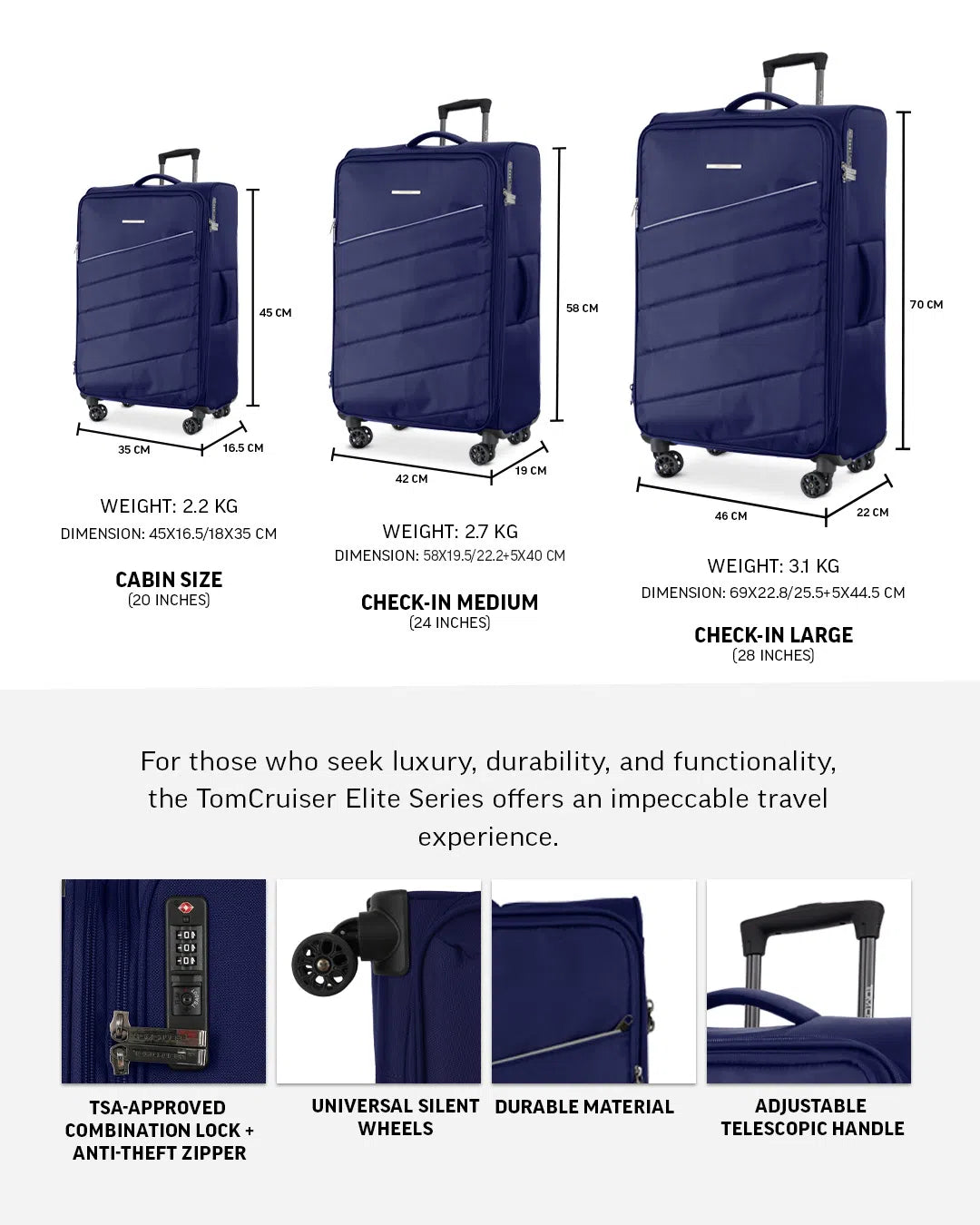 TOMCRUISER ELITE SOFT LUGGAGE TROLLEY 20,24,28 BLUE
