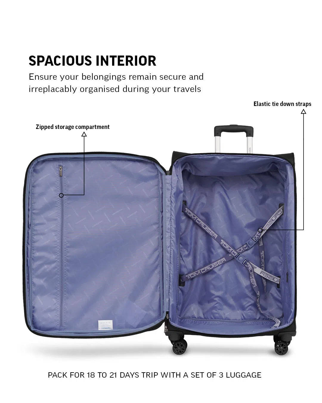 TOMCRUISER ATLAS SOFT LUGGAGE TROLLEY SET (3PCs) 20,24,28 inch KHAKEE, BLACK