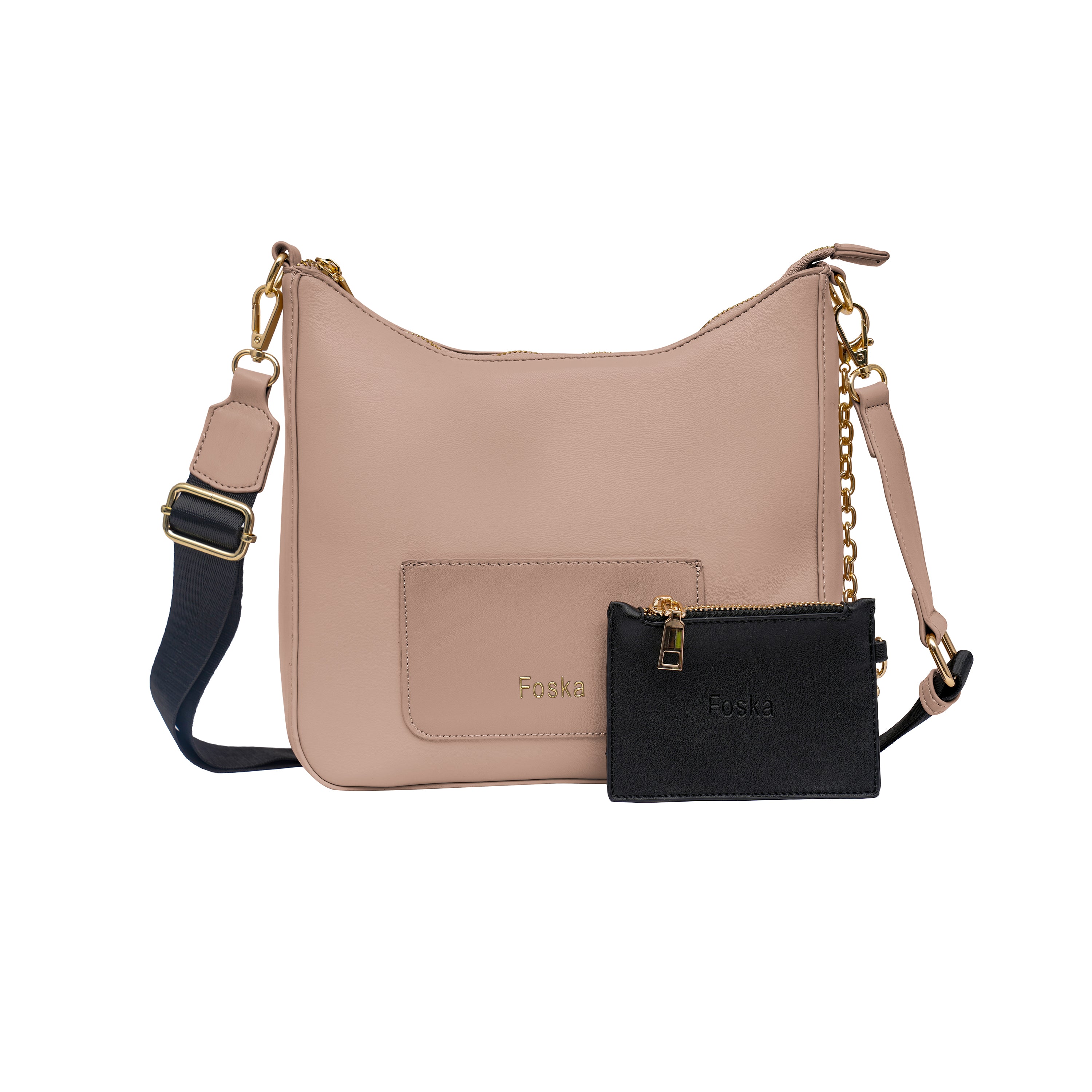 Foska Women's Hobo Cross-Body Bag - Smooth PU Leather - Black - WHITE - APRICOT - 26x25 cm