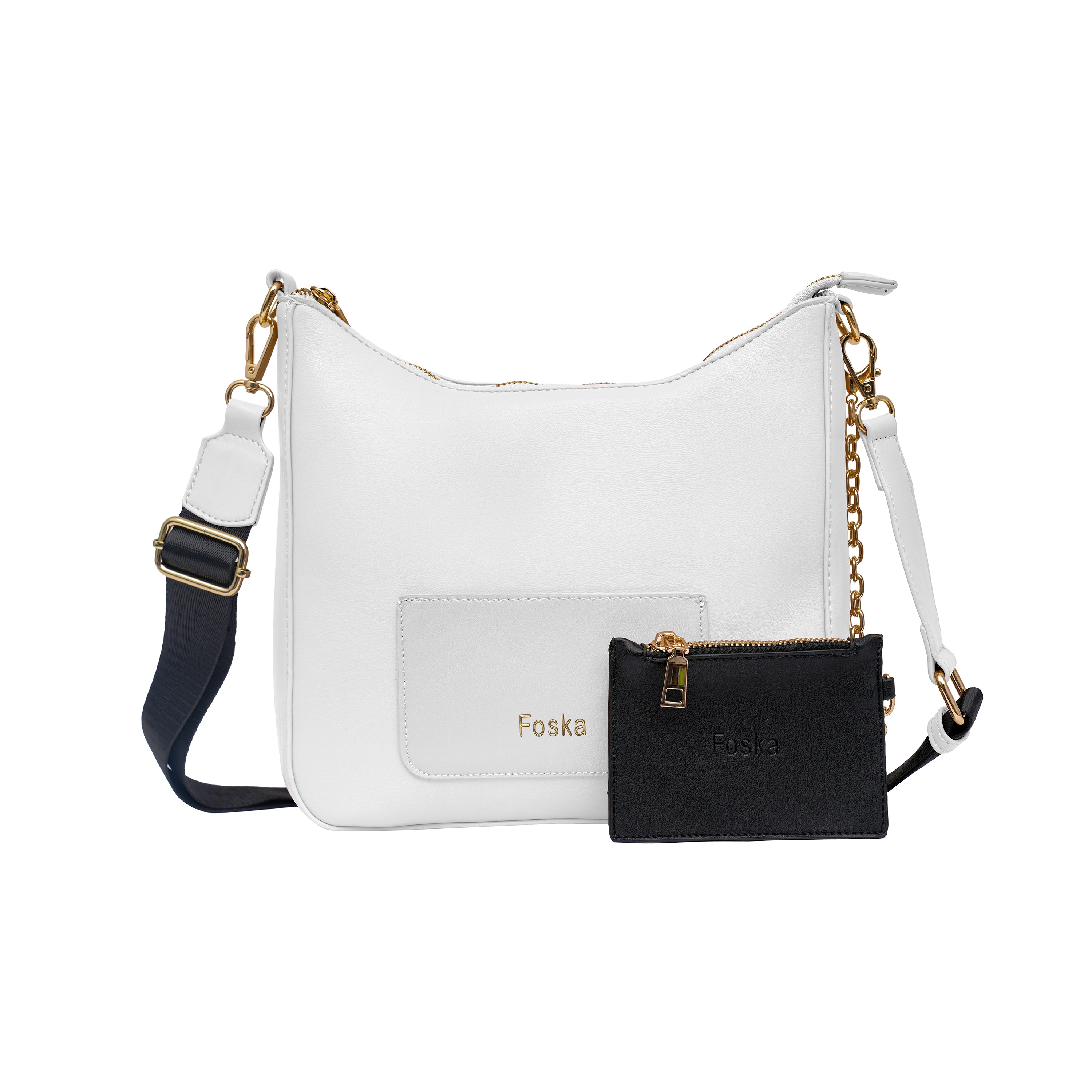Foska Women's Hobo Cross-Body Bag - Smooth PU Leather - Black - WHITE - APRICOT - 26x25 cm
