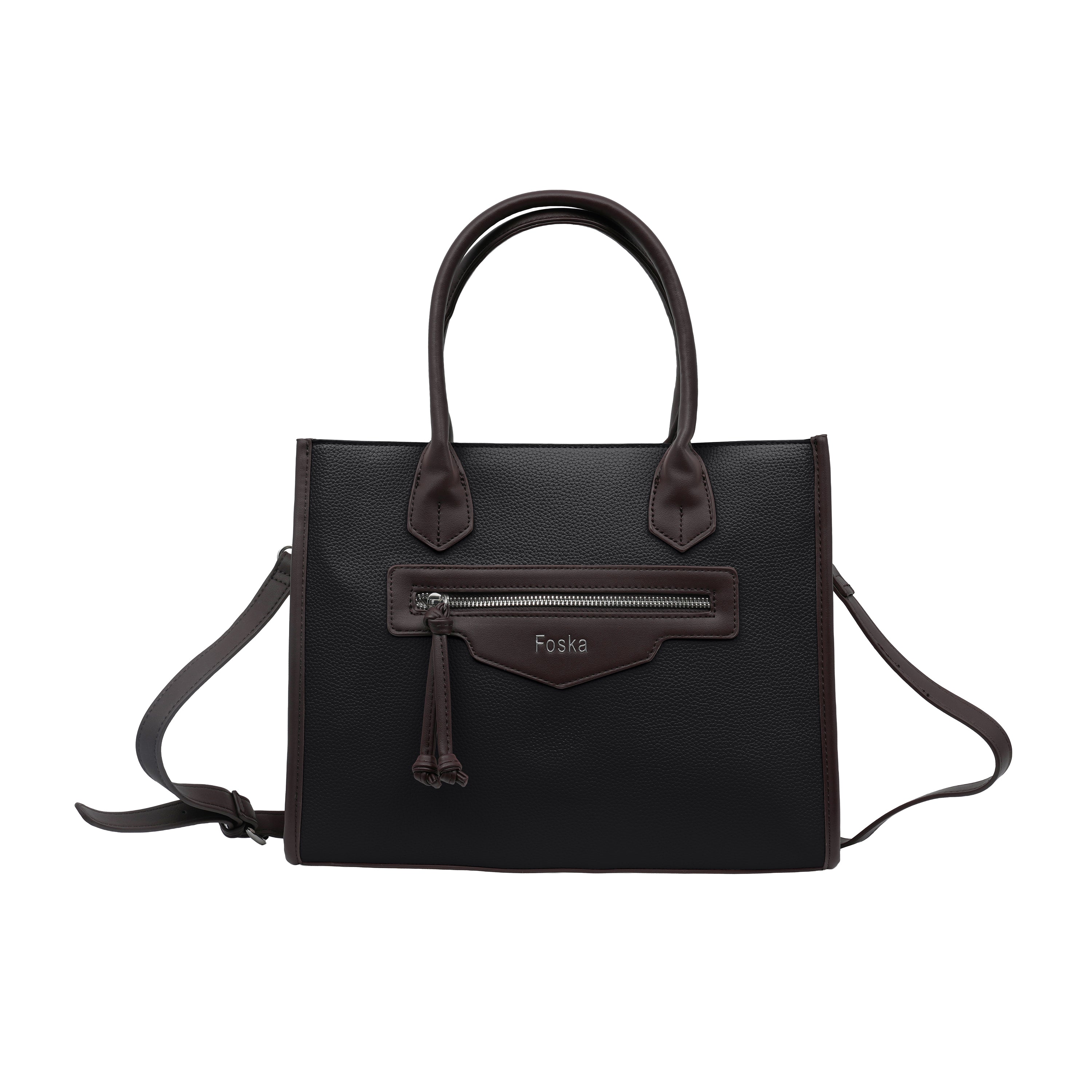 Foska Women's Large Tote & Shoulder Bag - Embossed PU Leather - Black - Beige- 33x26.5 cm