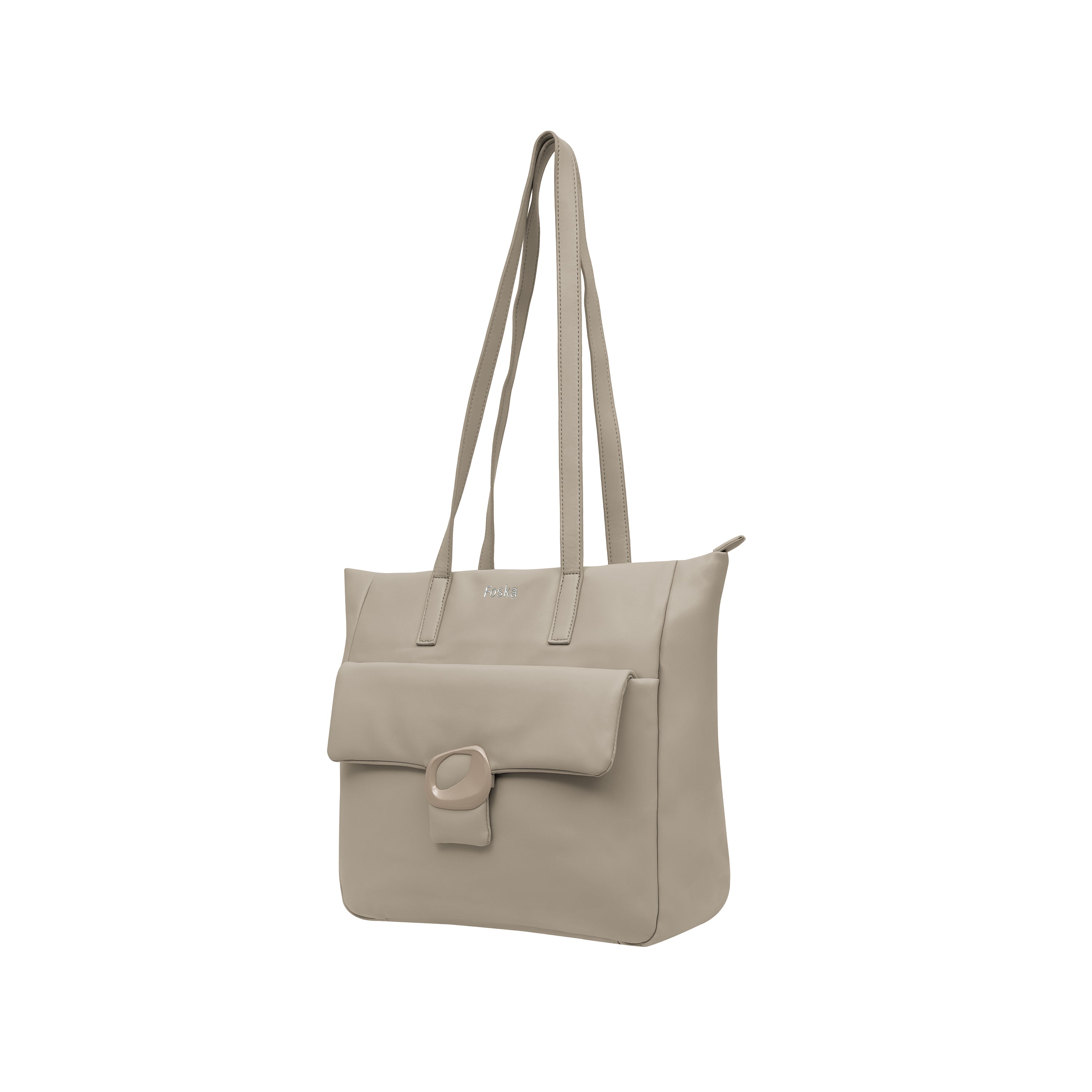 Foska Women's Large Tote & Shoulder Bag - Front Flap Pocket w/ Buckle - Light Beige Nude - 36x31 cm