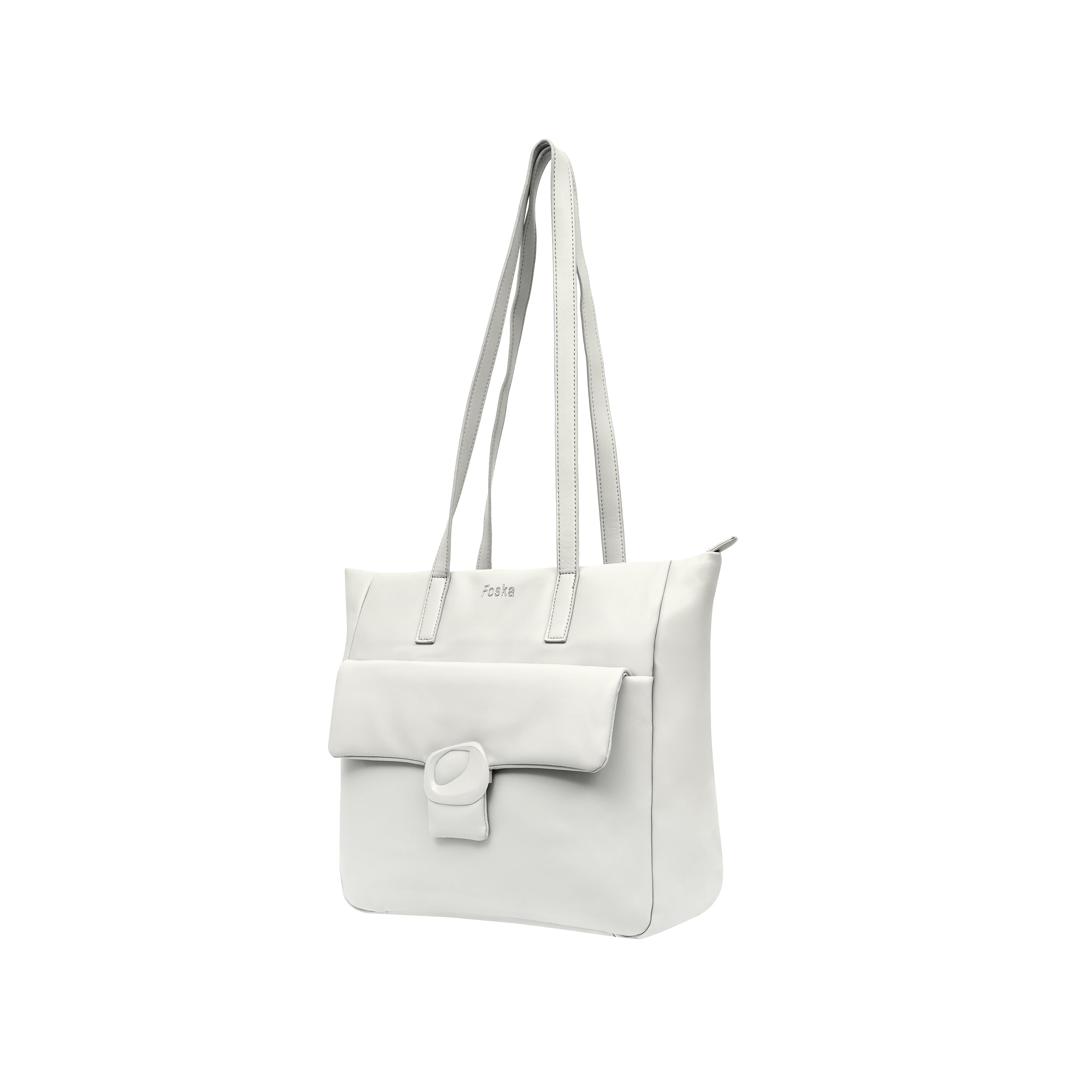 Foska Women's Large Tote & Shoulder Bag - Front Flap Pocket w/ Buckle - Light Beige Nude - 36x31 cm