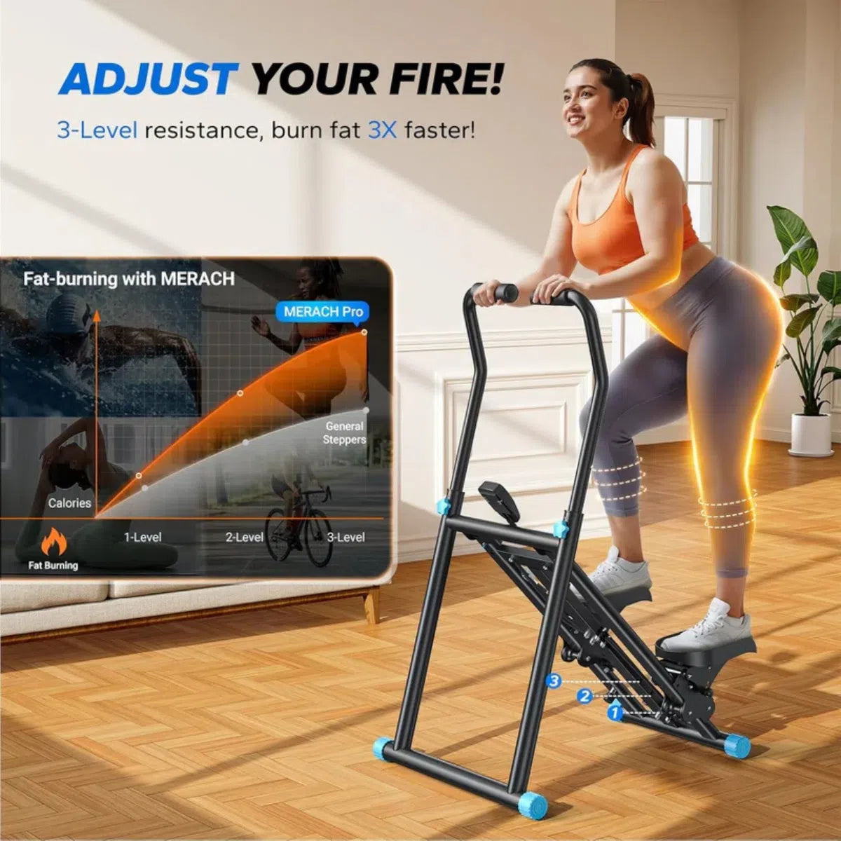 Foldable Stair Climber Step Machine for Full-Body Workout, Compact Folding Cardio Exercise Climber with Extended Step Range, Adjustable Handlebar & Pedals