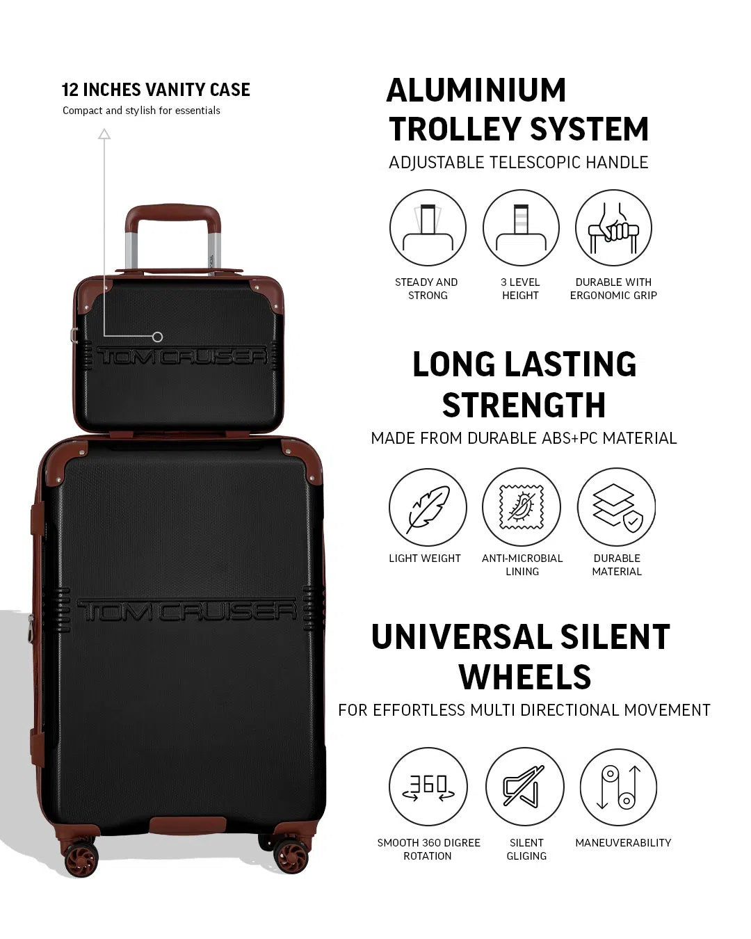 TOMCRUISER GRAND TOUR HARD TROLLEY 20 inch With 16 inch Vanity Case BLACK TC-HT-161