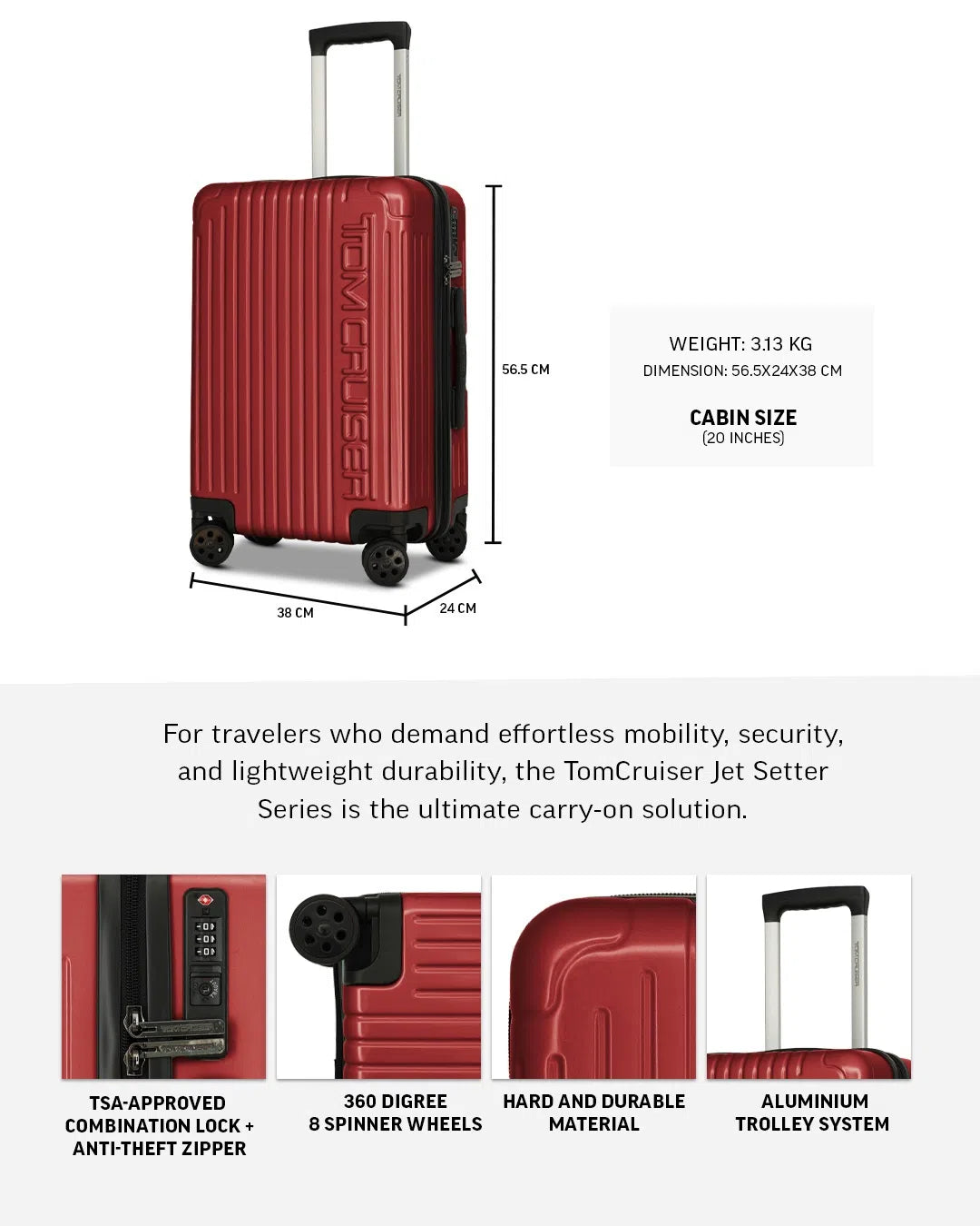 TOMCRUISER JET SETTER HARD TROLLEY 20 inch RED (TC-HT-115)