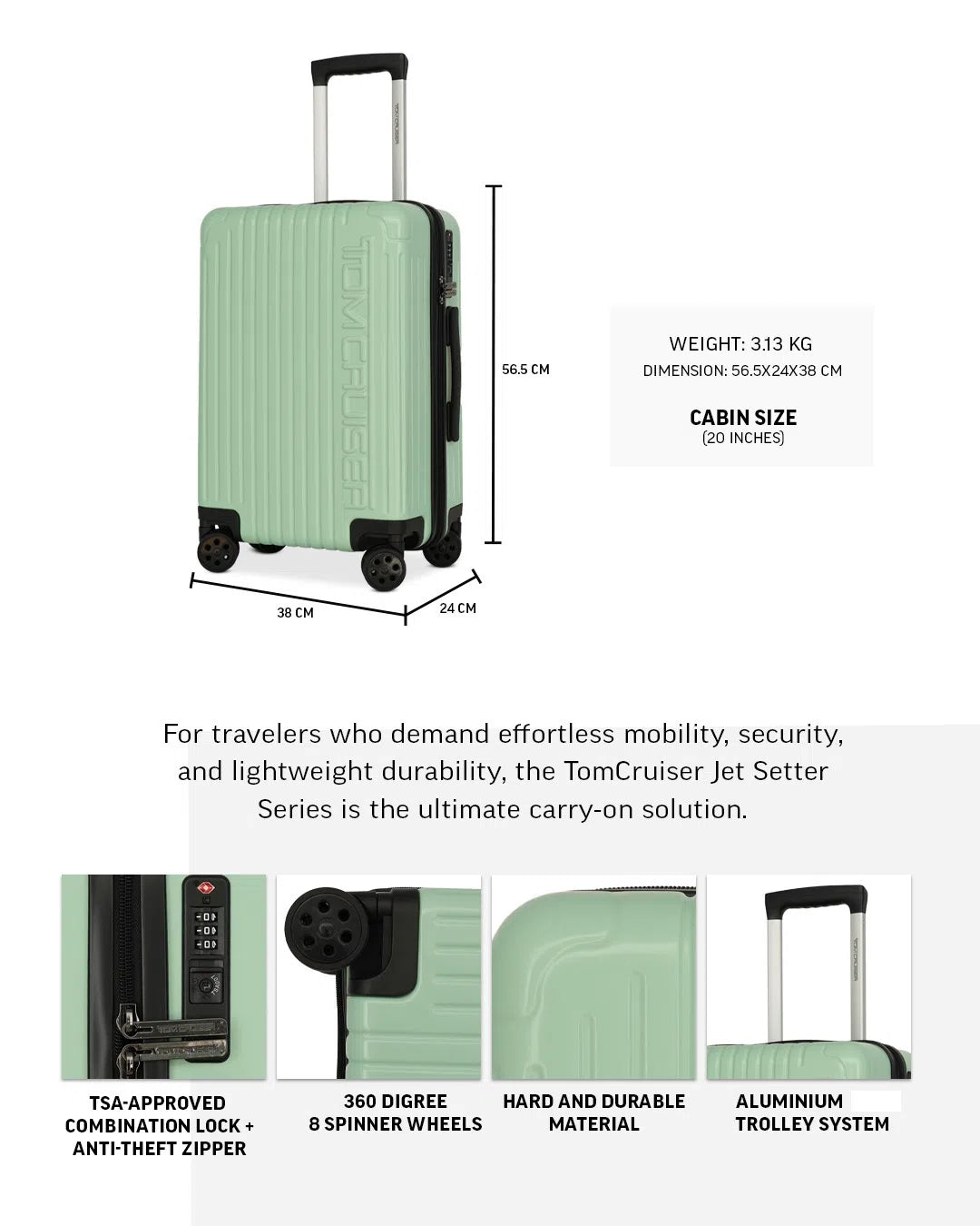 TOMCRUISER JET SETTER HARD TROLLEY 20 INCH GREEN (TC-HT-114)