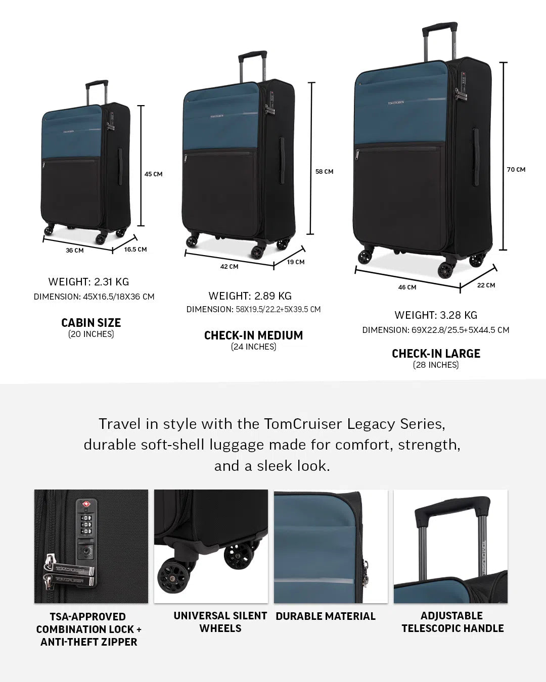 TOMCRUISER LEGACY SOFT LUGGAGE TROLLEY SET BLUE, BLACK, GREEN (3pc)