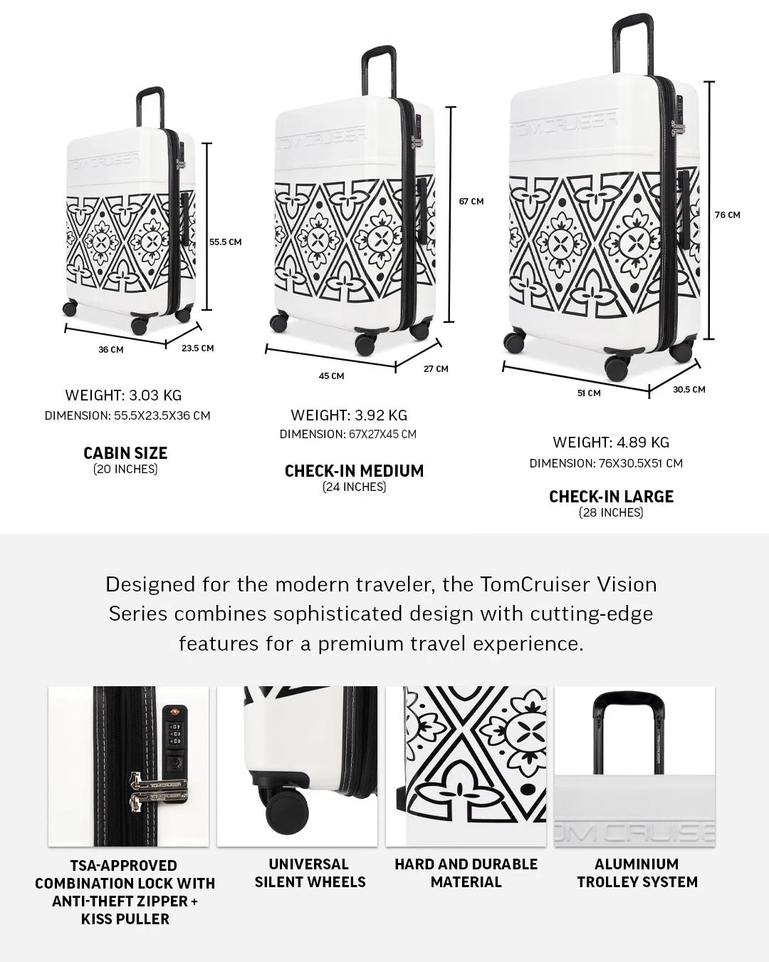 TOMCRUISER VISION HARD TROLLEY Set WHITE, BLACK (3pc)