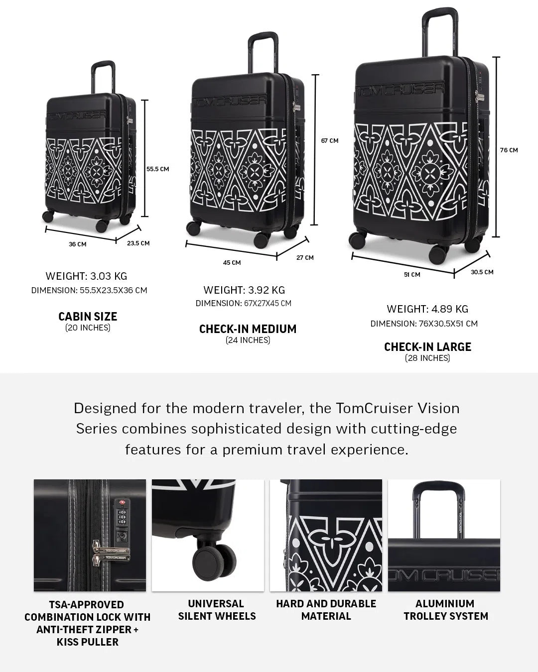 TOMCRUISER VISION HARD TROLLEY Set WHITE, BLACK (3pc)