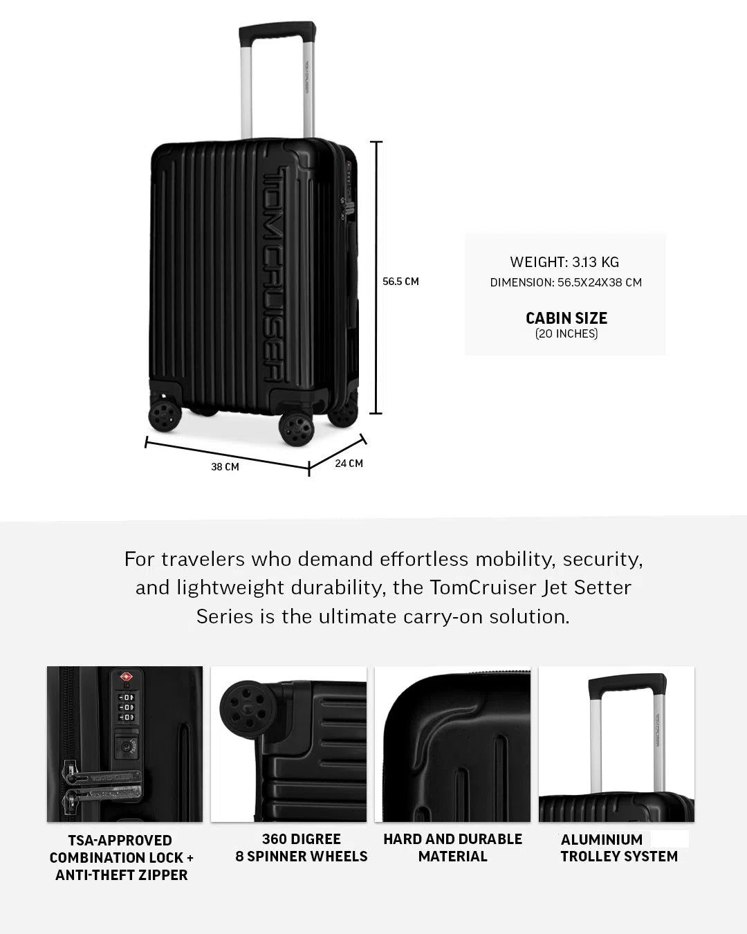 TOMCRUISER JET SETTER HARD TROLLEY 20 inch BLACK (TC-HT-116)