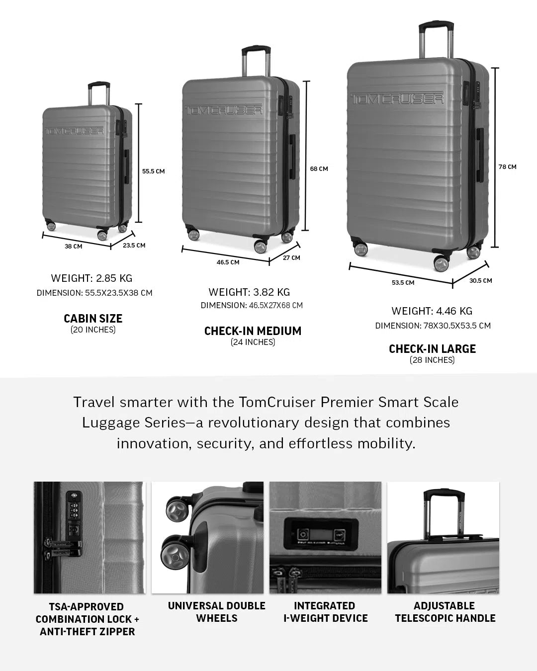TOMCRUISER PREMIER SMART SCALE HARD TROLLEY 20, 24, 28 inch  SILVER