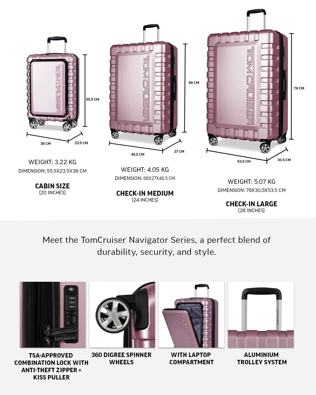 TOMCRUISER NAVIGATOR HARD TROLLEY 20" 24" 28" inch PINK