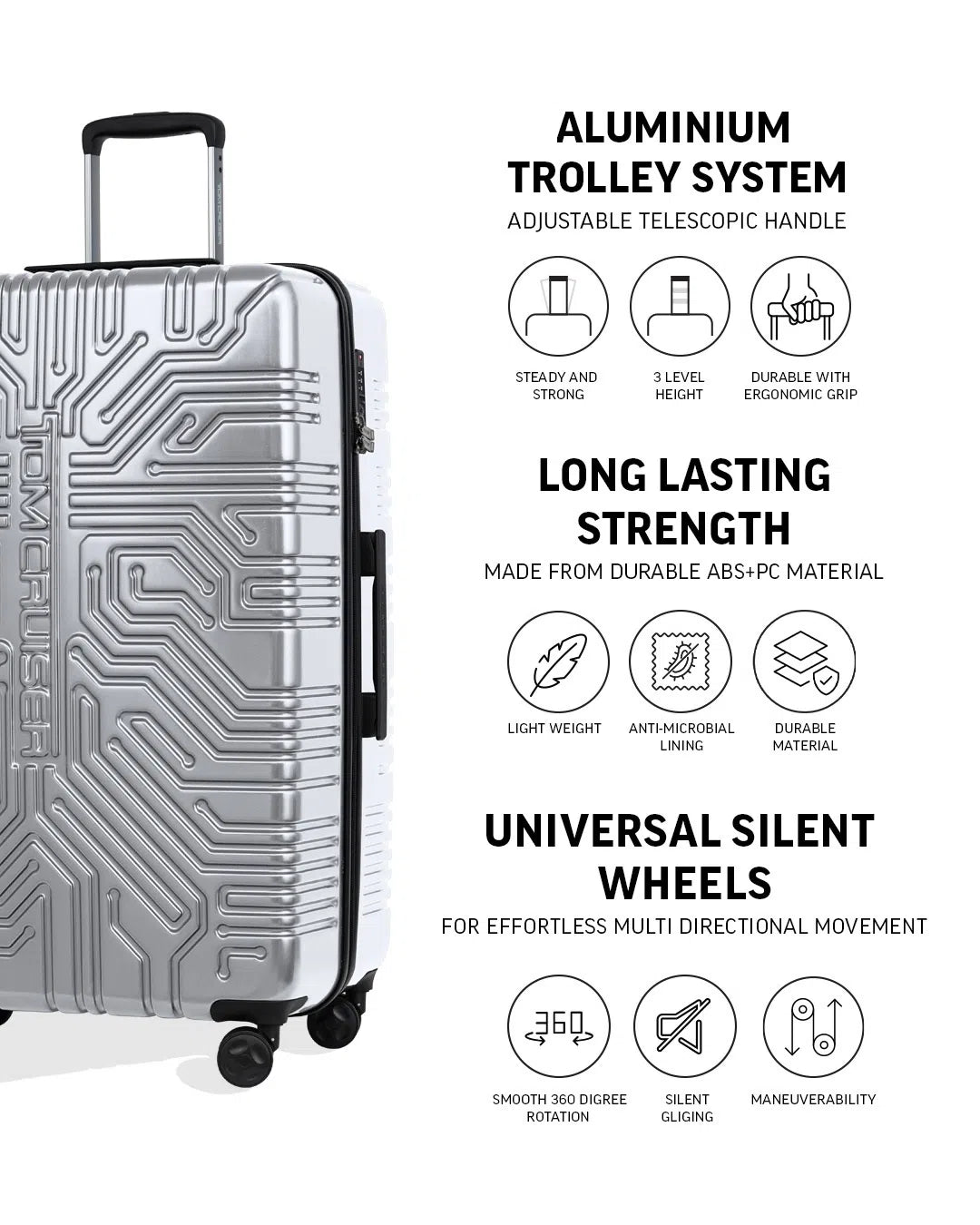 TOMCRUISER MATRIX HARD TROLLEY 20" 24" 28" inch  SILVER