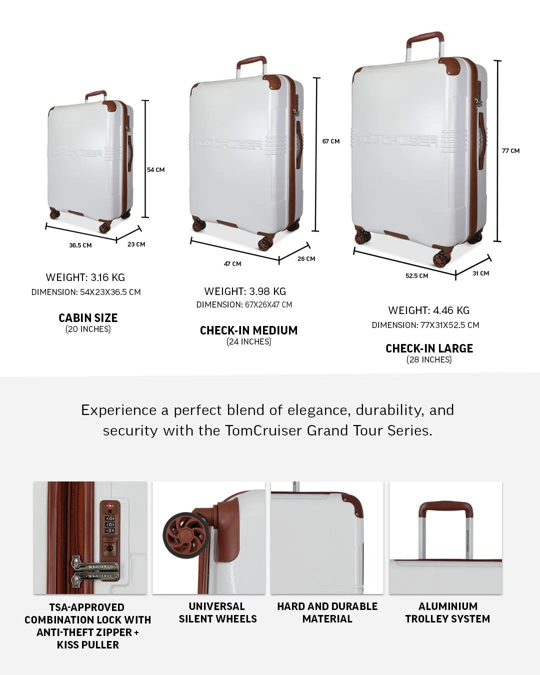 TOMCRUISER GRAND TOUR HARD TROLLEY 20 inch With 16 inch Vanity Case  WHITE TC-HT-157
