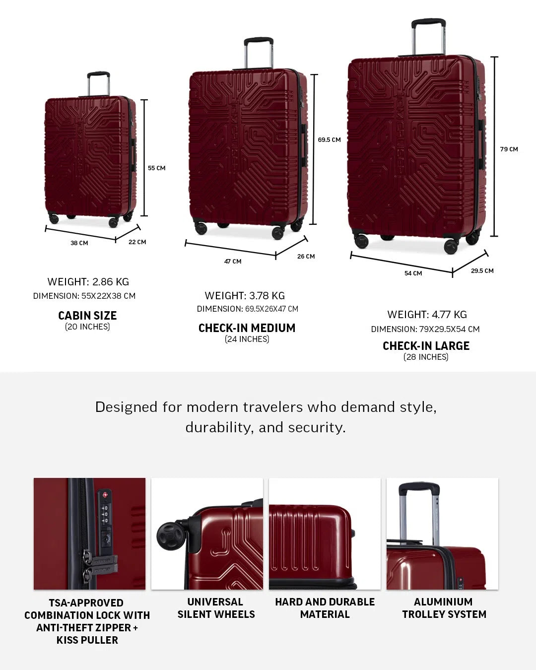TOMCRUISER MATRIX HARD TROLLEY 20" 24" 28" inch RED