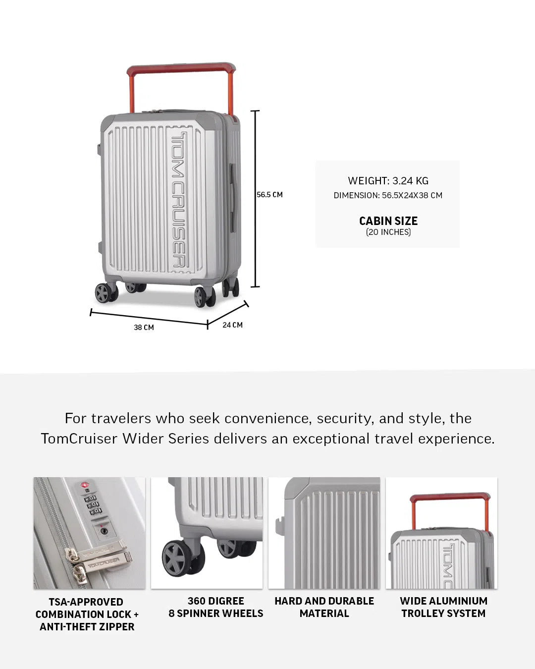 TOMCRUISER WIDER HARD TROLLEY 20 INCH SILVER (TC-HT-112)