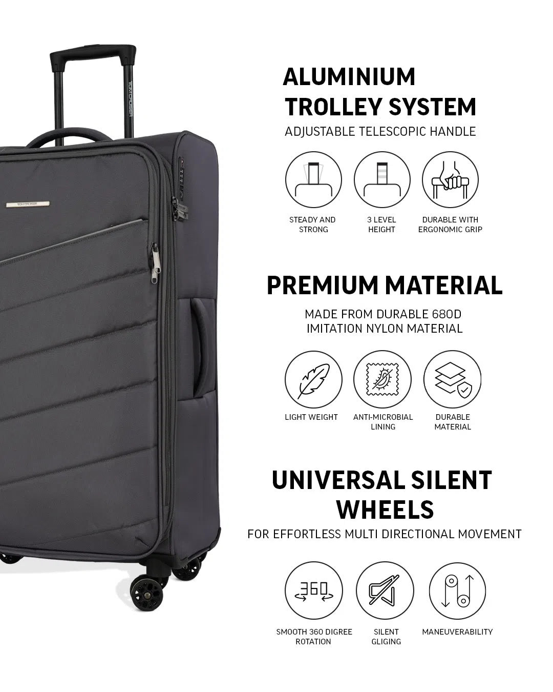TOMCRUISER ELITE SOFT LUGGAGE TROLLEY SET BLUE, Black, Grey (3pc)