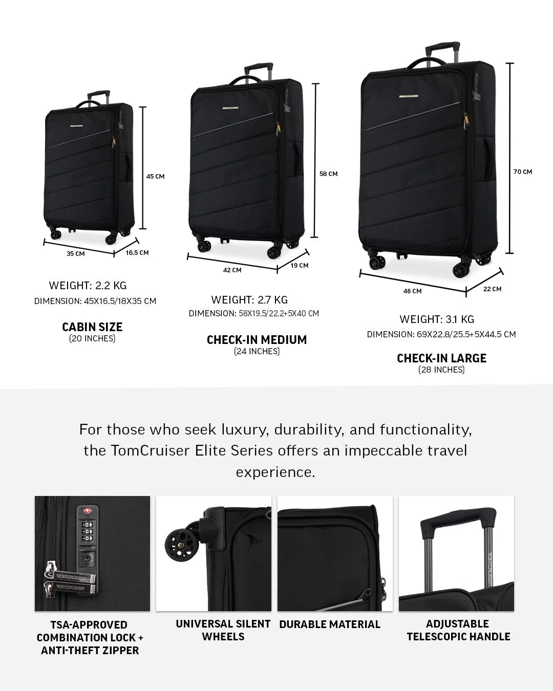 TOMCRUISER ELITE SOFT LUGGAGE TROLLEY SET BLUE, Black, Grey (3pc)