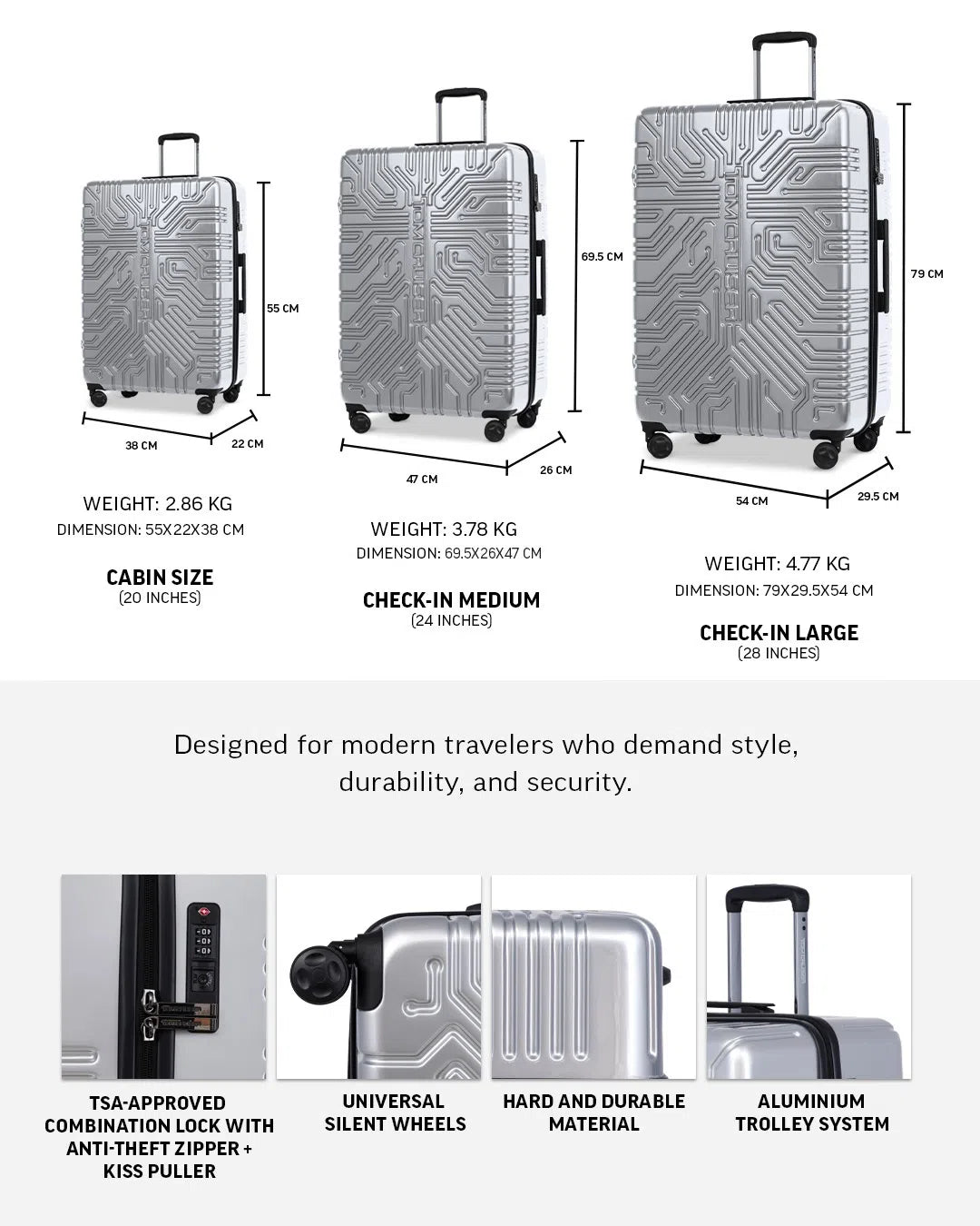 TOMCRUISER MATRIX HARD TROLLEY 20,24,28 inch  SILVER, RED, BLUE