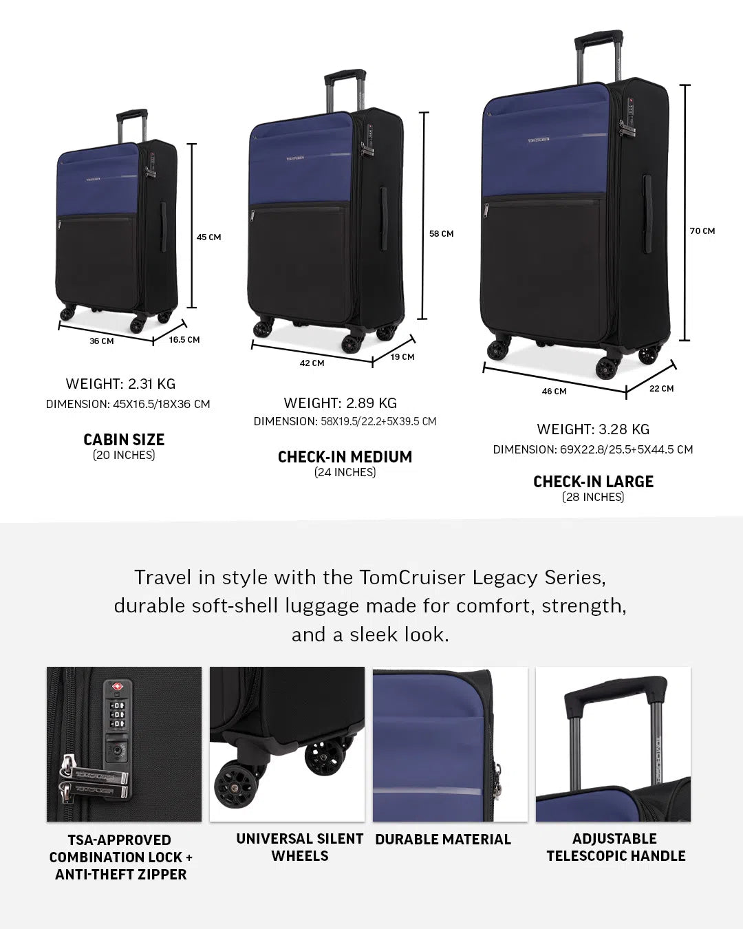 TOMCRUISER LEGACY SOFT LUGGAGE TROLLEY BLUE (20", 24", 28")