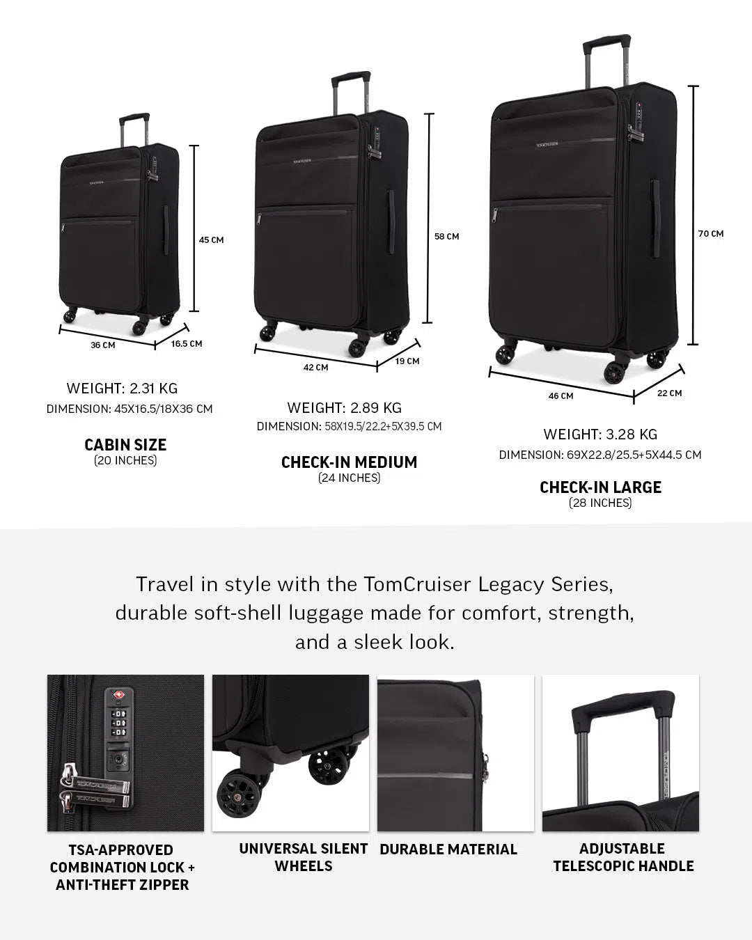 TOMCRUISER LEGACY SOFT LUGGAGE TROLLEY BLACK (20", 24", 28")