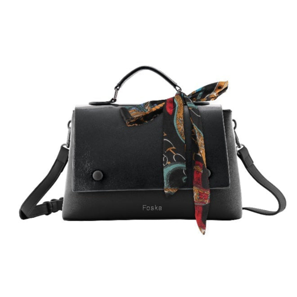 Foska Women's Crossbody & Shoulder Bag with Scarf - Top Handle Handbag Brown - Black - Dark Blue