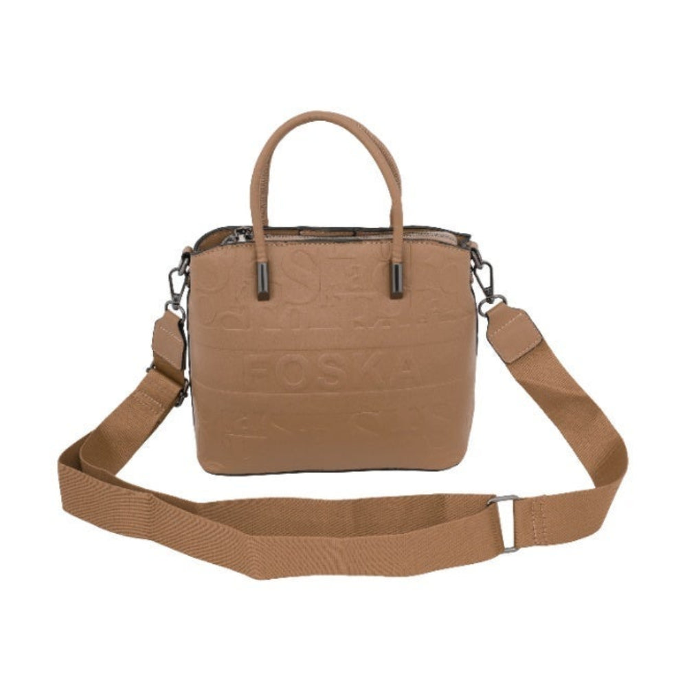 Foska Women's Tote Bag & Shoulder Bag - Embossed Logo PU Leather - Black- 21x21cm