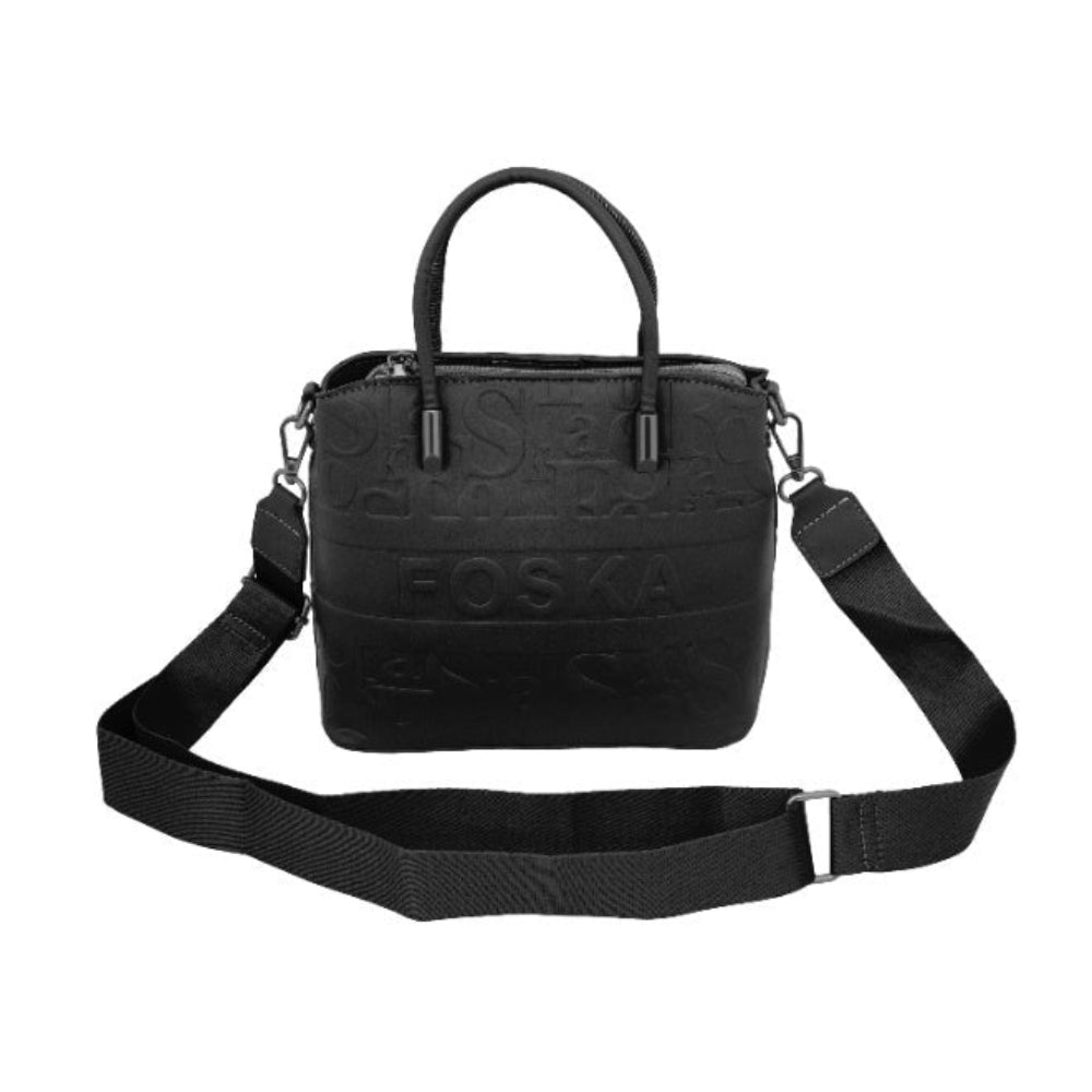 Foska Women's Tote Bag & Shoulder Bag - Embossed Logo PU Leather - Black- 21x21cm