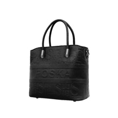 Foska Women's Tote Bag & Shoulder Bag - Embossed Logo PU Leather - Black- 21x21cm