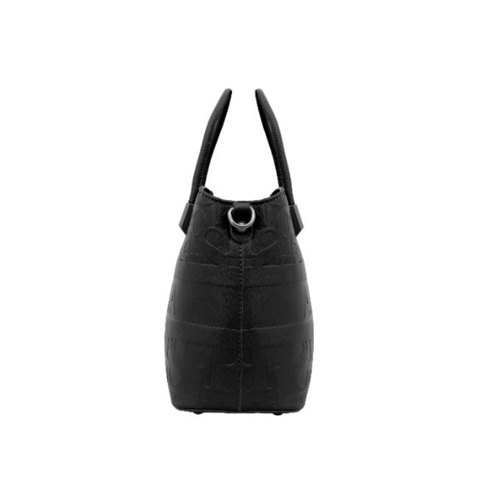 Foska Women's Tote Bag & Shoulder Bag - Embossed Logo PU Leather - Black- 21x21cm
