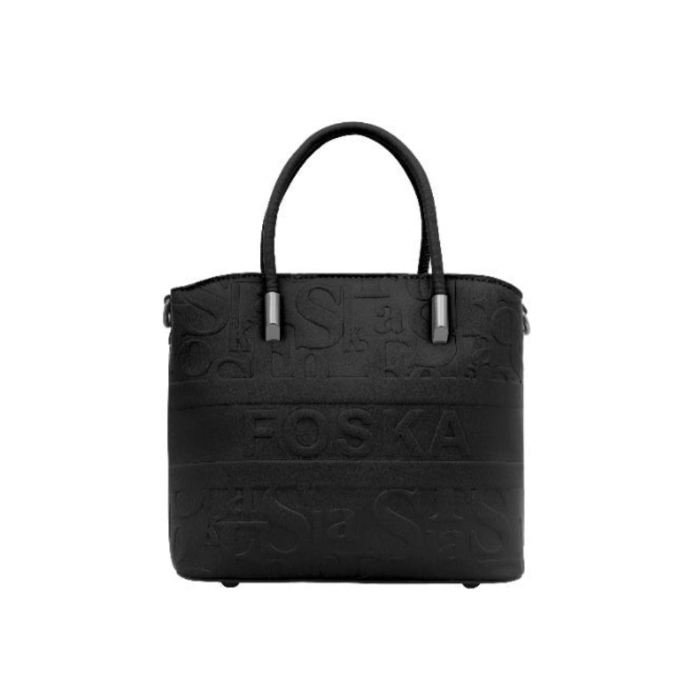 Foska Women's Tote Bag & Shoulder Bag - Embossed Logo PU Leather - Black- 21x21cm