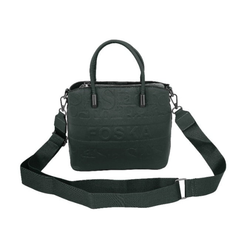 Foska Women's Tote Bag & Shoulder Bag - Embossed Logo PU Leather - Black- 21x21cm