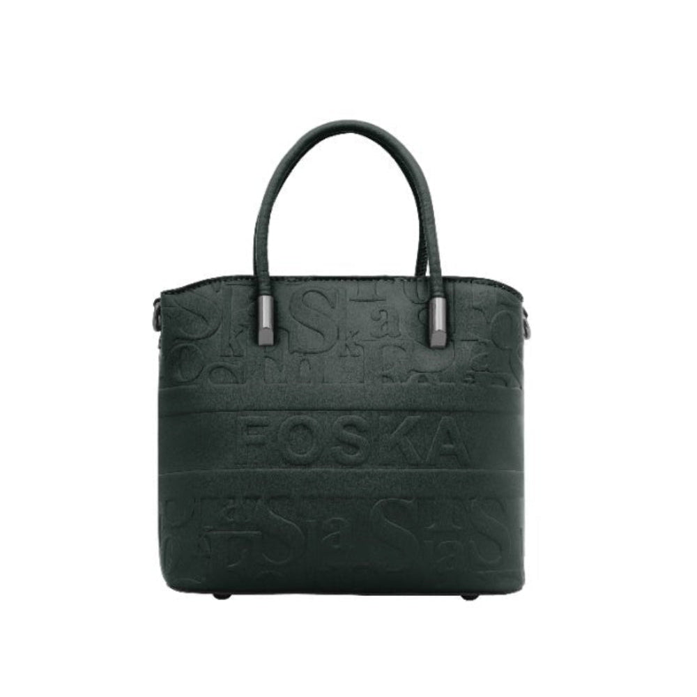 Foska Women's Tote Bag & Shoulder Bag - Embossed Logo PU Leather - Black- 21x21cm