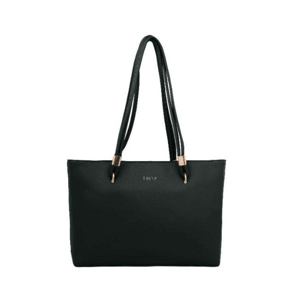 Foska Women's Large Tote & Shoulder Bag - Smooth PU Leather - Dark Green - Light Brown - 31.5x30 cm