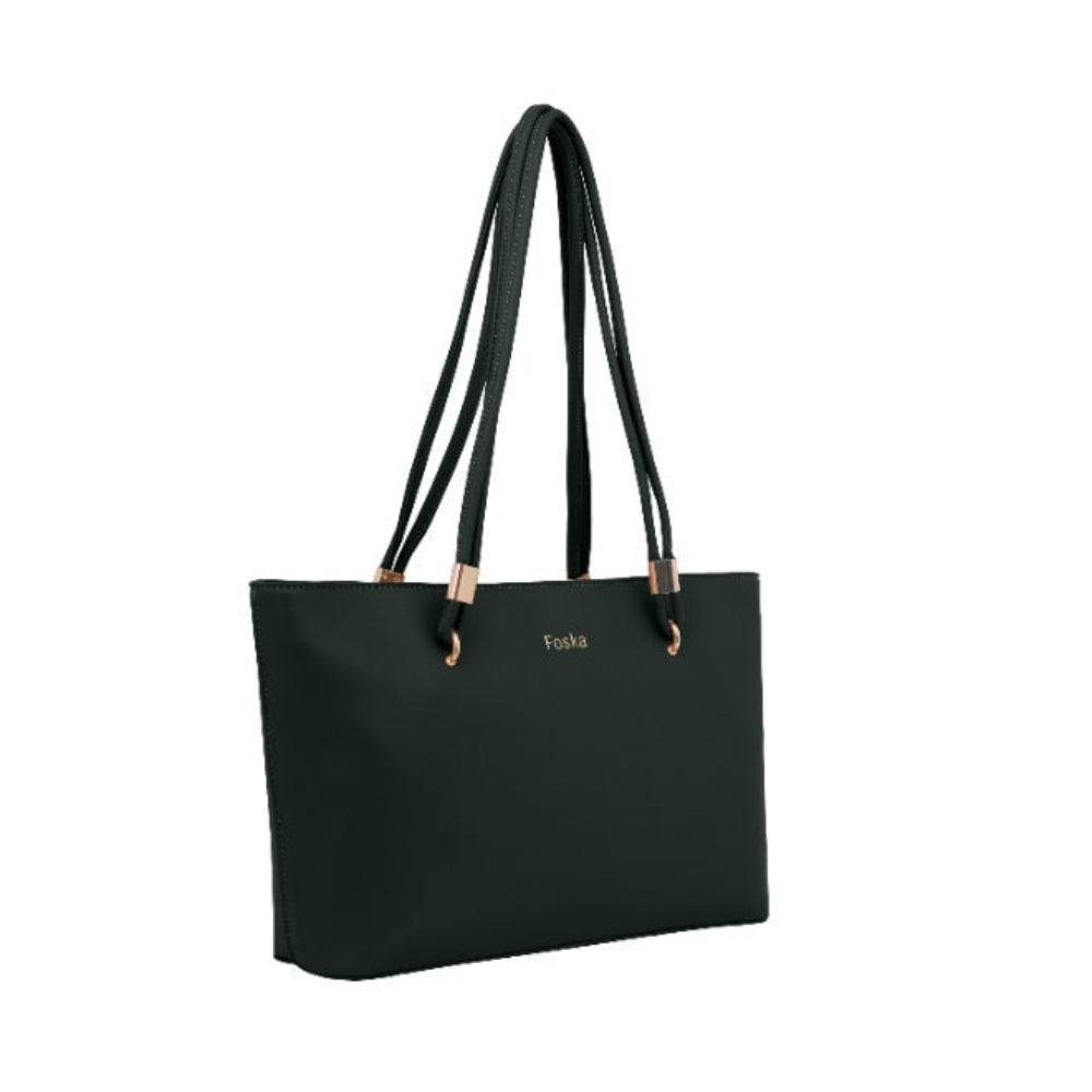 Foska Women's Large Tote & Shoulder Bag - Smooth PU Leather - Dark Green - Light Brown - 31.5x30 cm