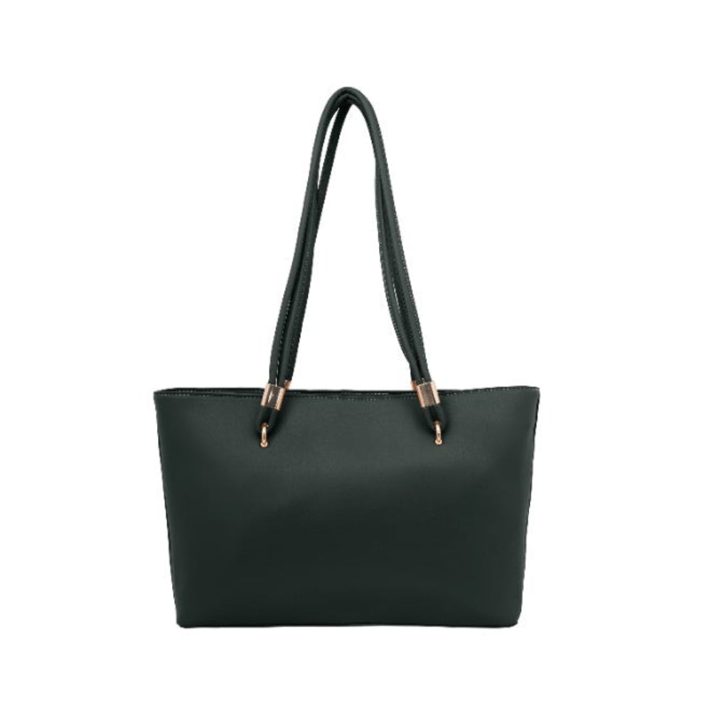 Foska Women's Large Tote & Shoulder Bag - Smooth PU Leather - Dark Green - Light Brown - 31.5x30 cm