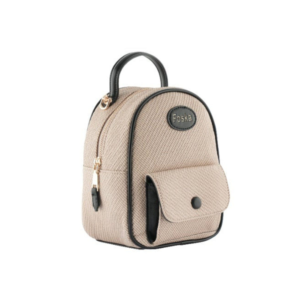 Foska Women's Mini Backpack & Crossbody Bag - Canvas Fabric - Beige - 16x21 cm