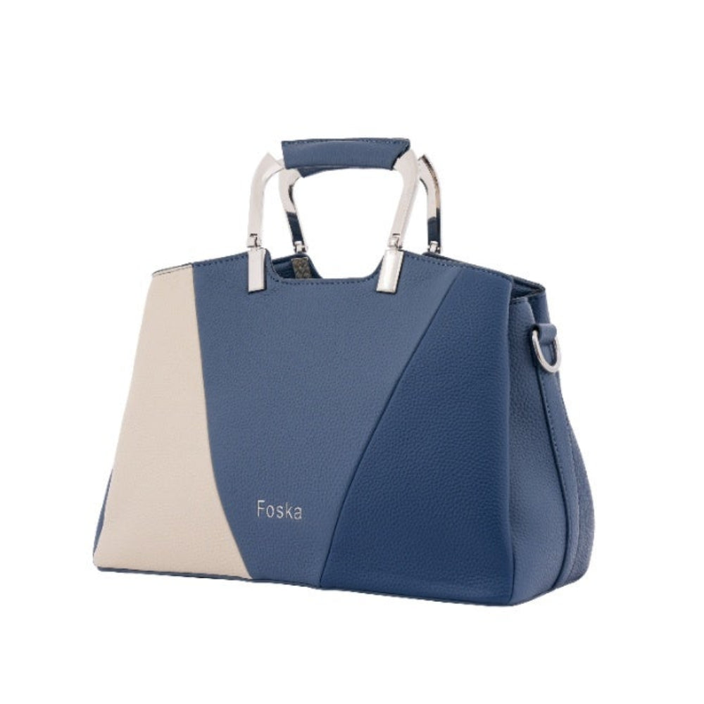 Foska Women's Handbag & Shoulder Bag - Geometric Design, Metal Handle - Blue - Black - Beige - 30x21.5 cm