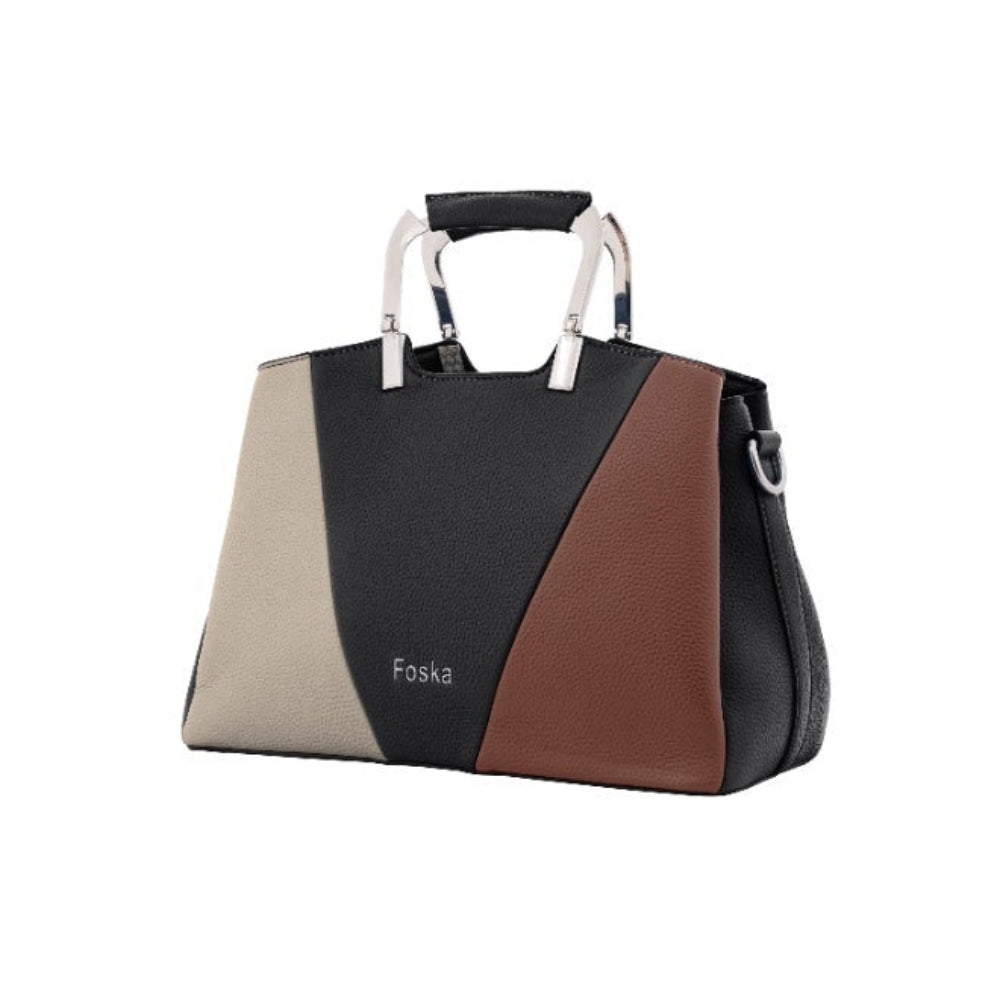 Foska Women's Handbag & Shoulder Bag - Geometric Design, Metal Handle - Blue - Black - Beige - 30x21.5 cm