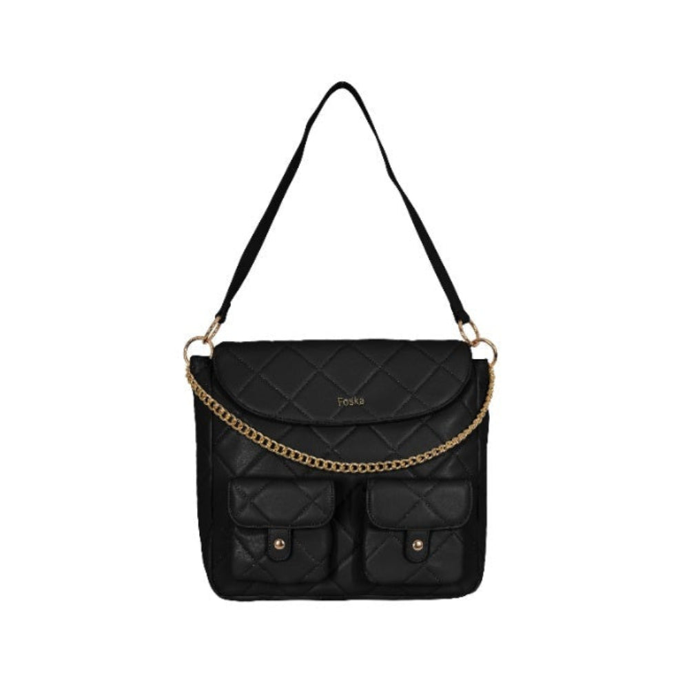 Foska Women's Large Tote & Shoulder Bag - Smooth PU Leather - Black - Grey - 33x30 cm