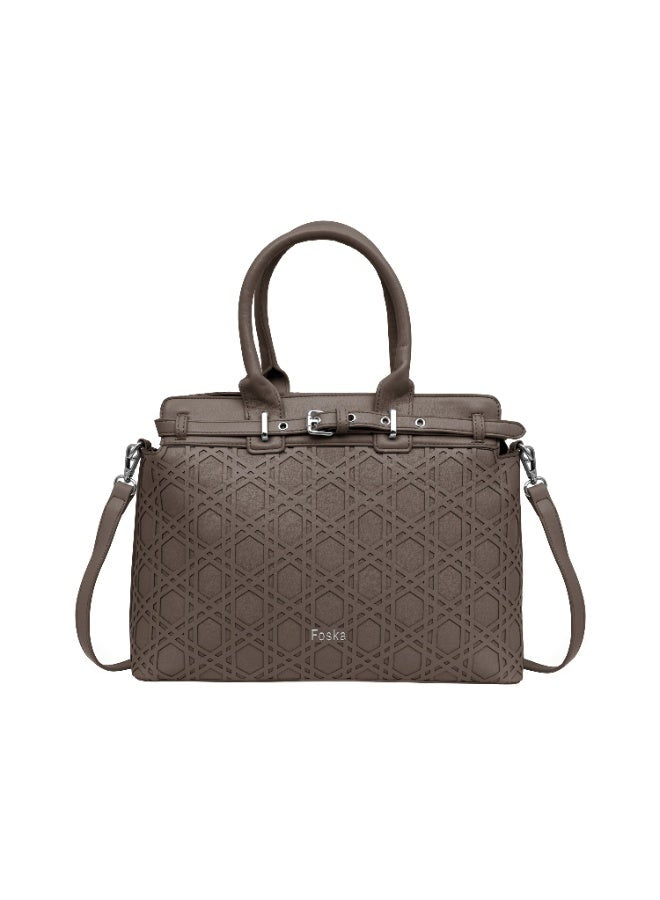 Foska Women’s Structured Shoulder Bag – Geometric Textured Design with Top Handles & Adjustable Strap – Taupe