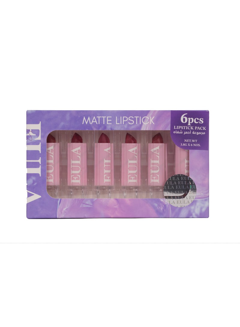 EULA Beauty Matte Lipstick Set – Long-Lasting, Highly Pigmented, Non-Drying Formula | Pack of 6 Bold Shades | Lipstick Gift Set for Women