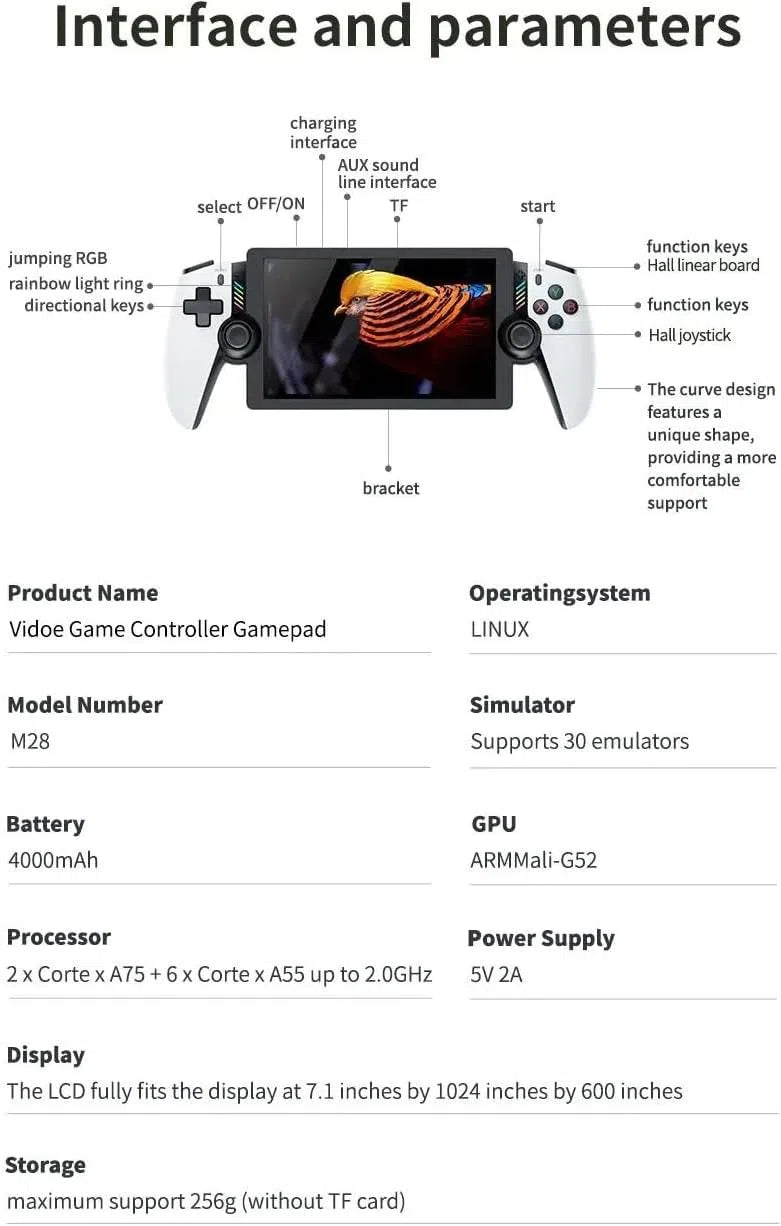 M28 Retro Handheld Game Console 7.1” IPS HD Screen, 20,000+ Built-in Games, Linux Gaming System, Dual Analog Sticks, HDMI 4K TV Output, RGB Lighting, 4000mAh Battery